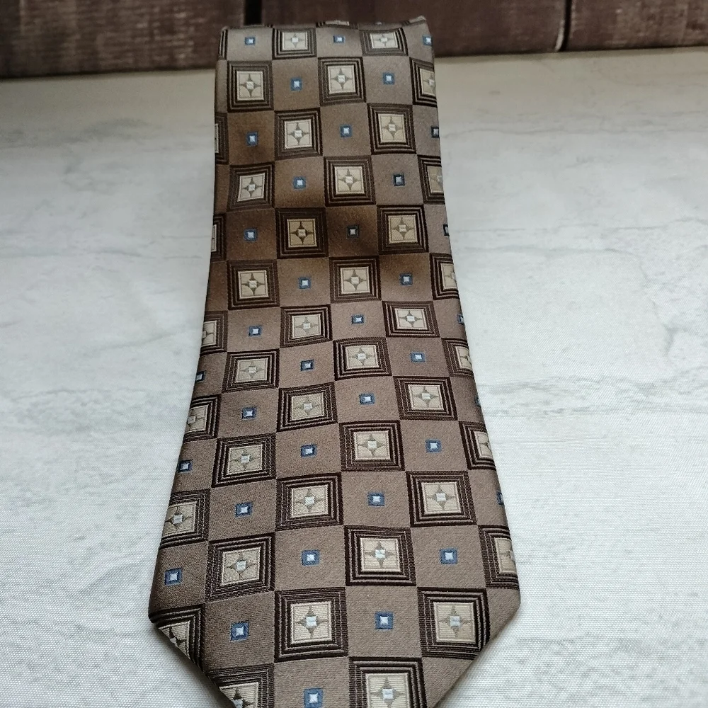 Insignia by Martin Wong Gold Bronze Silk Handmade Geometric Blue Accents Tie